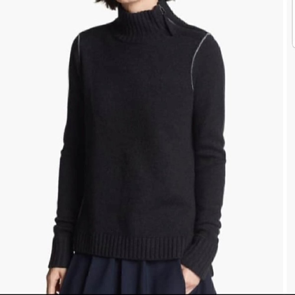 Vince Sweater Wool Cashmere Contrast Mock High Zipper Neck LongSleeve Ribbed Top